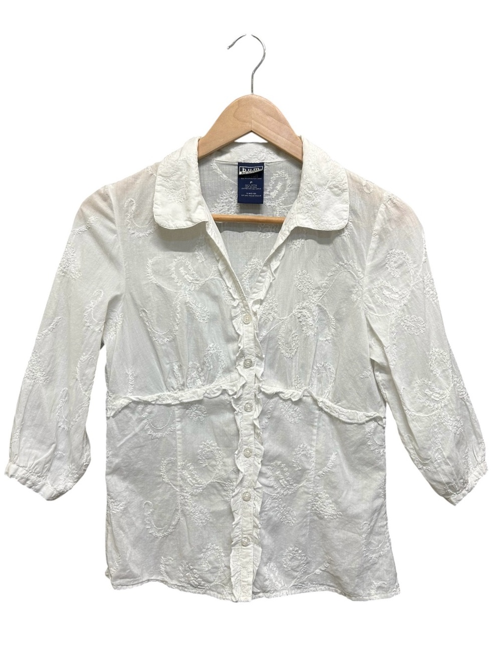 Bum Equipment Vintage Y2K White Cotton Embroidered Blouse Ruffled Shirt Sz S